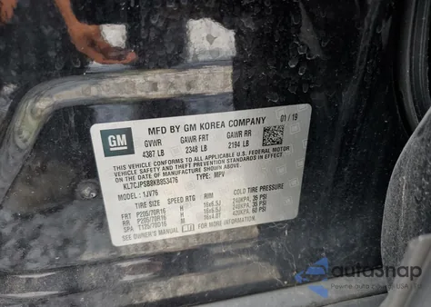 2019 Chevrolet Trax 1Lt z USA, uszkodzony, nr VIN KL7CJPSB8KB853476